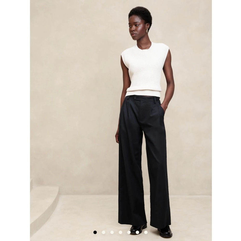 New Banana Republic Trouser Pants 14 Petite Linen‎ Blend Wide Leg Pleated Black